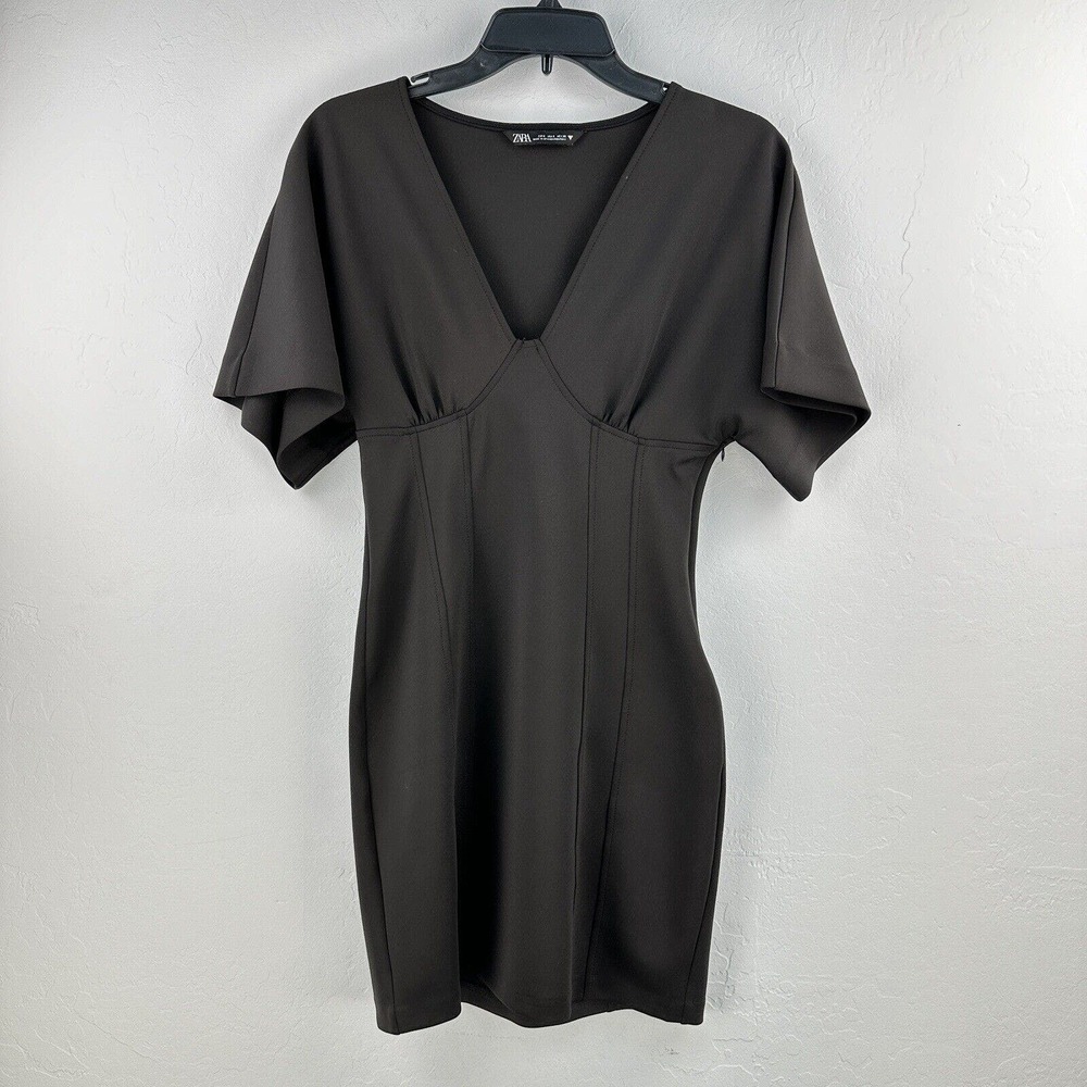 Zara Dress Womens S‎ Black Mini Scuba Size Zip Fitted Bodice Kimono Sleeve